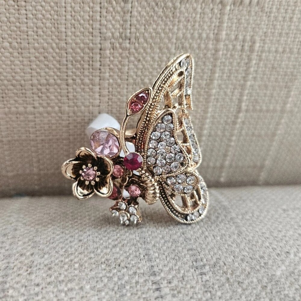 Fashion Ring Butterfly Shape Fancy Jewelry Ring Pink/Red Crystals Sz New Defect - Picture 2 of 12